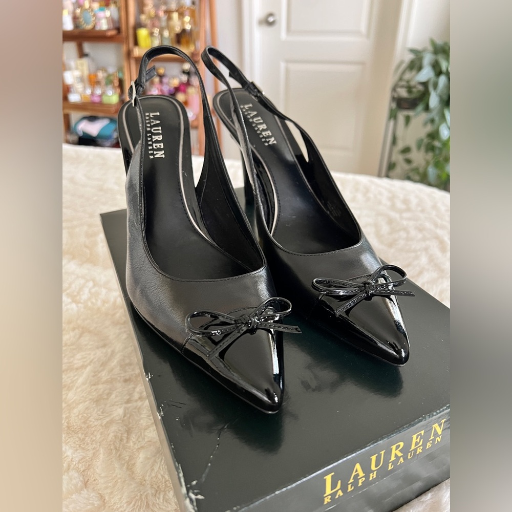 Lauren Ralph Lauren Sienna-PM-DRS Black Patent Slingback Stiletto Pumps Size 9.5